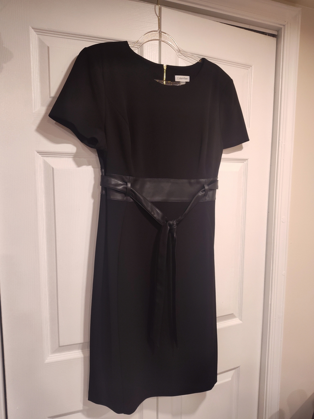 Calvin Klein Black Short-Sleeve Sheath Dress with Faux-Leather Belt